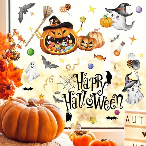 Halloween Stickers - Ghost, Spider Web, Pumpkin, Bat - 4 Window Clings - 30x20 cm - Double Sided