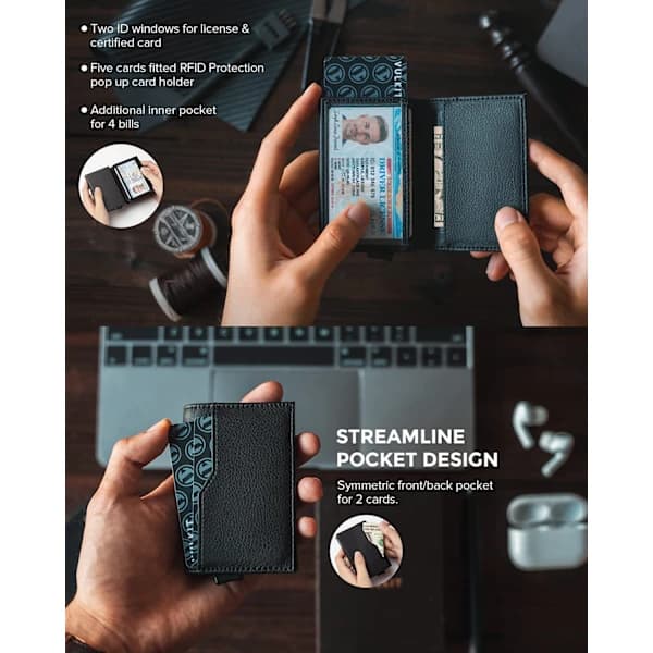 Card Holder with Dual ID Window RFID Blocking Automatic Pop Up Card Wallet for Cards and Cash