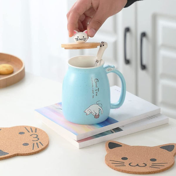 Sød kattekrus i keramik med sødt kattelåg, kattepote ske, kawaii-coaster, kop til morgenkaffe, te, mælk, julekrus, blå (WZ1281)