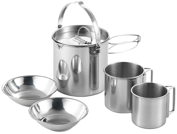 5-delt campingsæt, rustfrit stål 1,2L kedel, 2 kopper og 2 skåle, stabelbare foldehåndtag til vandreture og camping