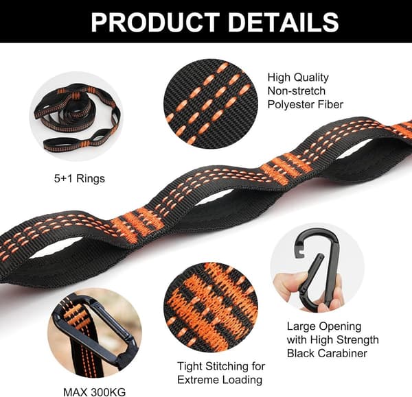 Hängmattremmar 2-pack, Polyester Trädremmar Med 2 Karbinhakar, För Camping & Utomhusbruk, Orange Svart, 2 m x 2,5 cm