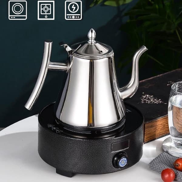 Tekedel i 304 rustfrit stål med finmasket filter, svanehalstud, komfurkompatibel til te og kaffe, sølv, 1/1,5/2 L