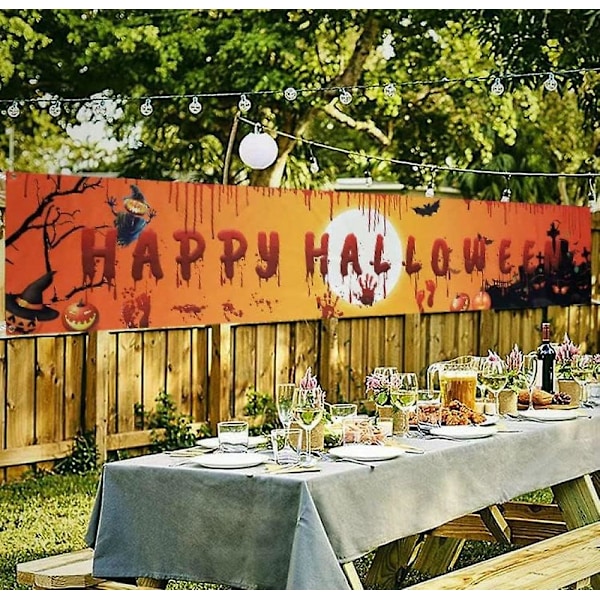 98\"x 19\" Stor Happy Halloween Banner - Lang Halloween Utendørs Dekorasjon Banner Gresskar Lampe Gravplass Bakgrunn Oransje Festdekorasjon Suppli