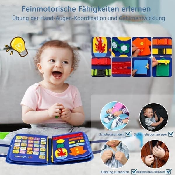 Montessori Busy Board til Børn 1-4 År, 12-Sidet Aktivitetslegetøj med Lynlås