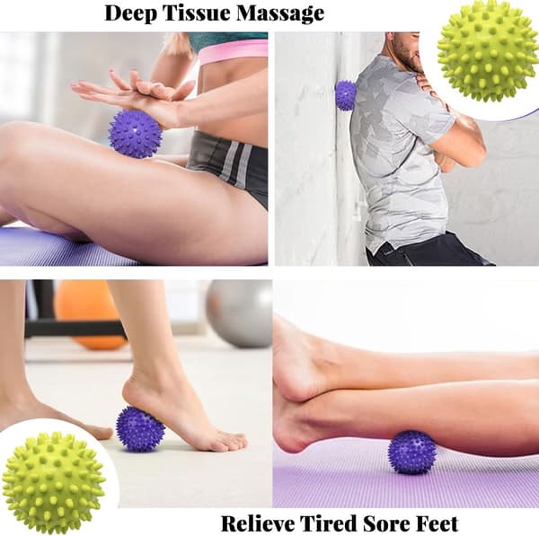 HA~Sæt med 2 massagebolde - Massagebold med pigge - Spikbold - Pindsvinebold - Massagebold - Triggerpunktsbold (grøn/lilla 7,5 cm)