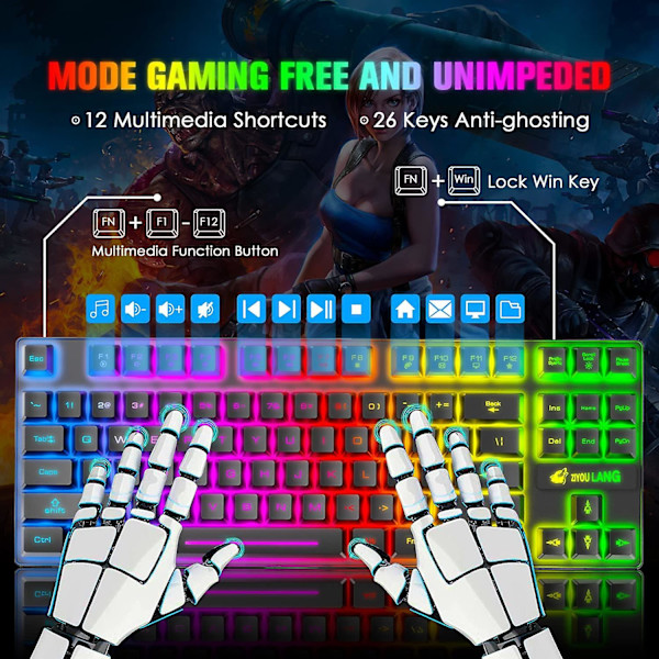 Trådlöst tangentbord och mus-set T87, 87-tangenters mekaniskt tangentbord med spelmus, RGB, laddningsbart, multimediatangentbord för PC-dator
