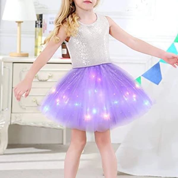 Lysende LED Fluffy Nederdel til Piger, Lagdelt Ballet Dansenederdel med Folder til Fødselsdag (BT) Søblå