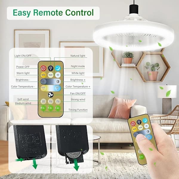 LED Fan, E27 Lamp Socket, Rotatable Mini Ceiling Fan Lamp, with Remote Control