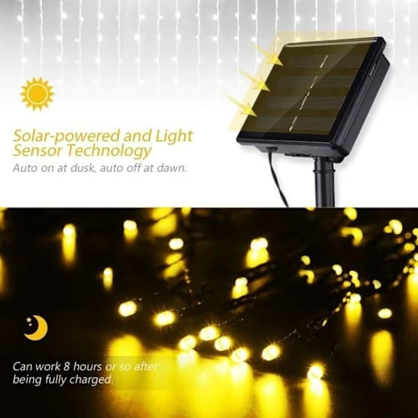 200 LED Solcellelyskjeder, 22m Vanntett, 8 Moduser for Hage, Hjem, Fester, Varmhvit