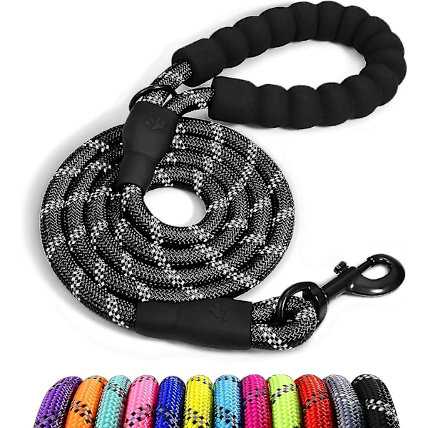 Rope Dog Lead With Soft Padded Handle, 1.5m Reflective Dog Lead And Multi-colour For Large Dogs, 1.2cm, Black