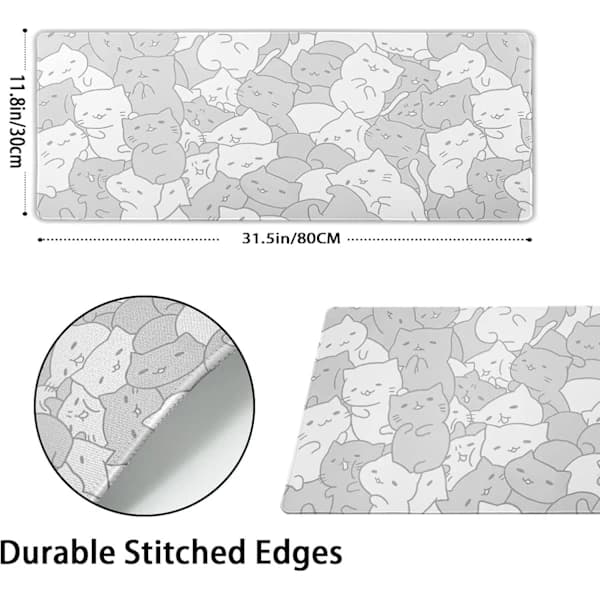 HA~Vit Kat Spillemusemåtte XL Sød Forlænget Stor Skrivebordsmåtte Skridsikker Gummibase 80x30 cm