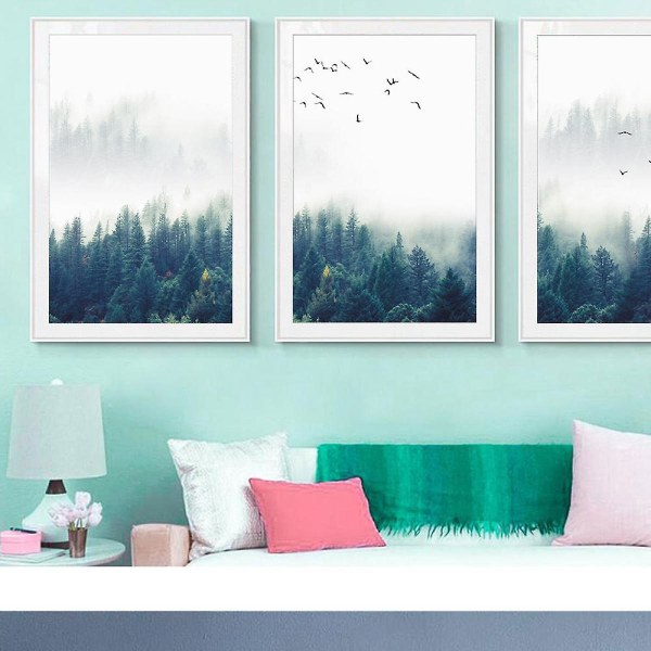 Wekity Misty Forest Veggkunst Lerretstrykkplakat, Enkelt Motefotografi Kunstdekor for Hjem Stue Soverom Kontor (Sett med 3 Uinnrammet, 6'x8')