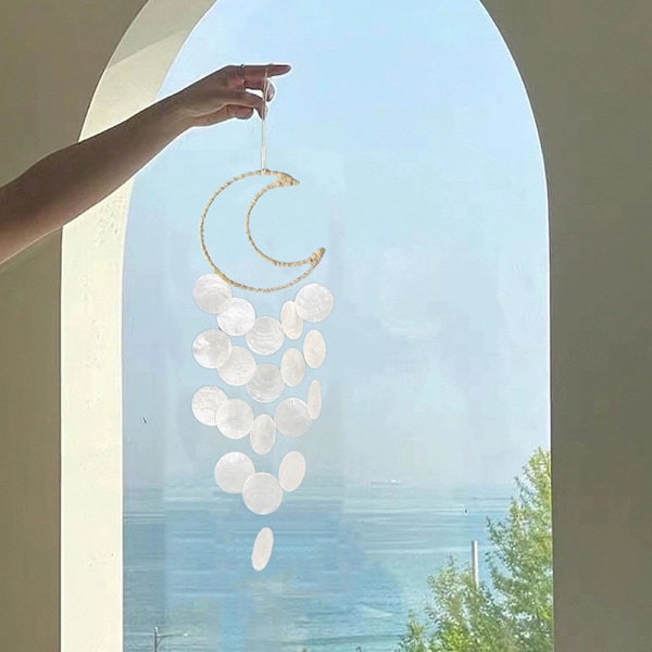 Shell Moon Vindklocka Väggdekor Hängande Mobil Dekorativ Ocean Handgjord Heminredning Iögonfallande Utsökt Kreativ（3st）