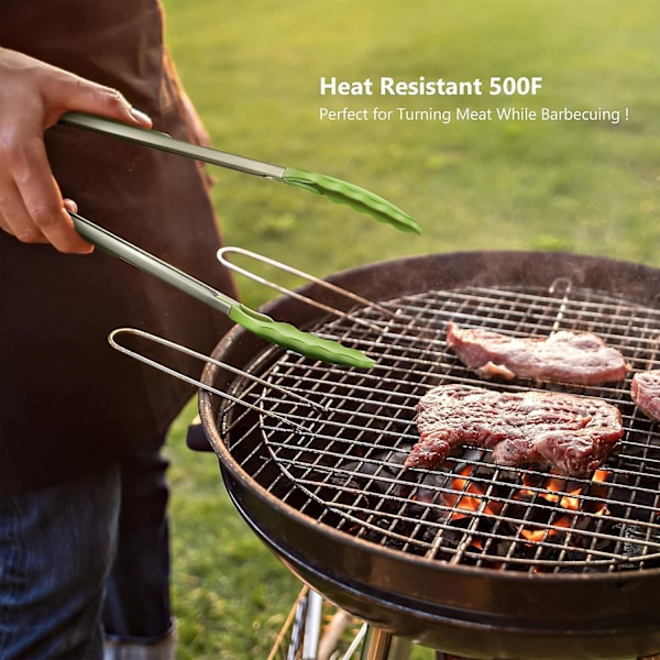 Sæt med 2 køkkentænger 9-tommer & 12-tommer, Premium rustfrit stål BPA-fri silikone non-stick grillning barbeque madlavning låsning madtænger