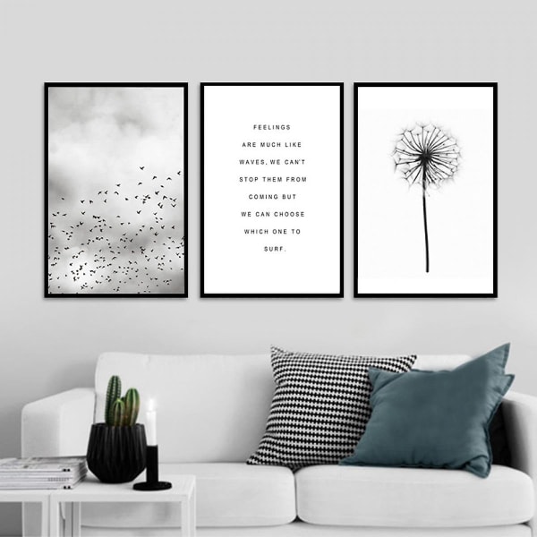 Wekity Fågel och Maskrosor Väggkonst Canvas Tryck Affisch, Enkelt Mode Svartvitt Konst Ritning Dekor för Hem Vardagsrum Sovrum Kontor (Set of
