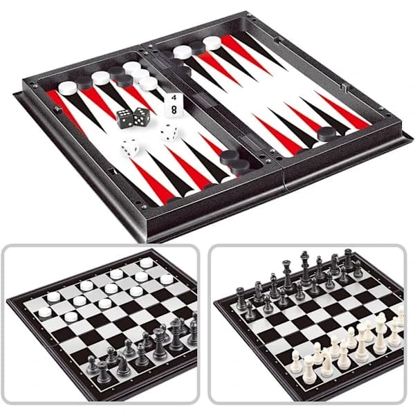 3-i-1 Schack Dam Backgammon Set, Magnetiskt Reseschack med Vikbart Fodral 9,8 Tum