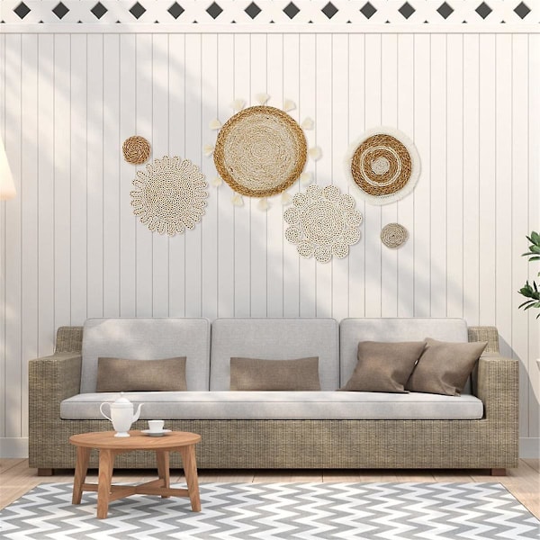 6 st Boho väggkorg dekor set vävda rotting platta korgar vägg hängande dekor handgjorda tofsar Flowe