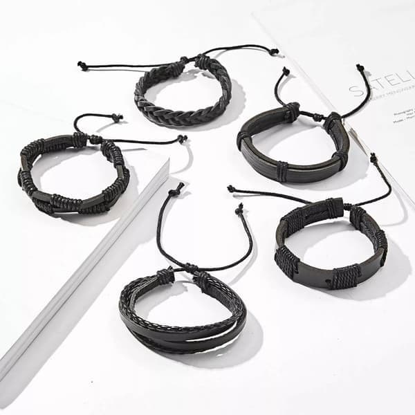 Håndlavede læderarmbånd, 5-pak Sort