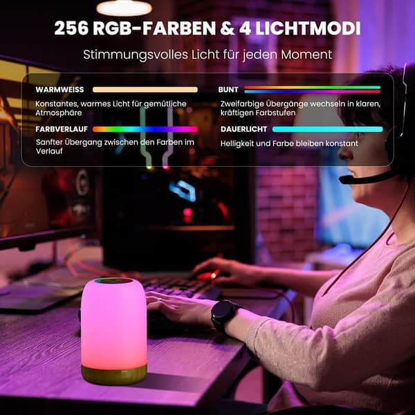 LED Sengelampe – Touch, Dæmpbar, 256 RGB Farver, Trådløs & USB-Genopladelig