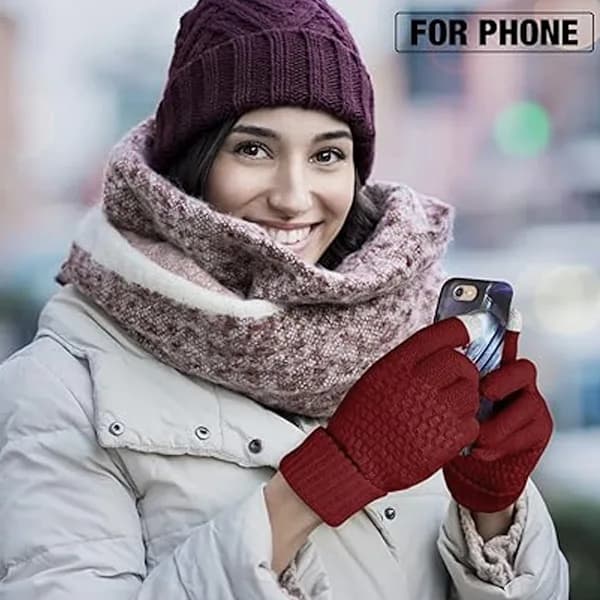 4 par dame vinter touchscreen handsker varme fleeceforede strikkede handsker elastisk manchet vinter sms-handsker Brun + fuchsia + hvid + grå