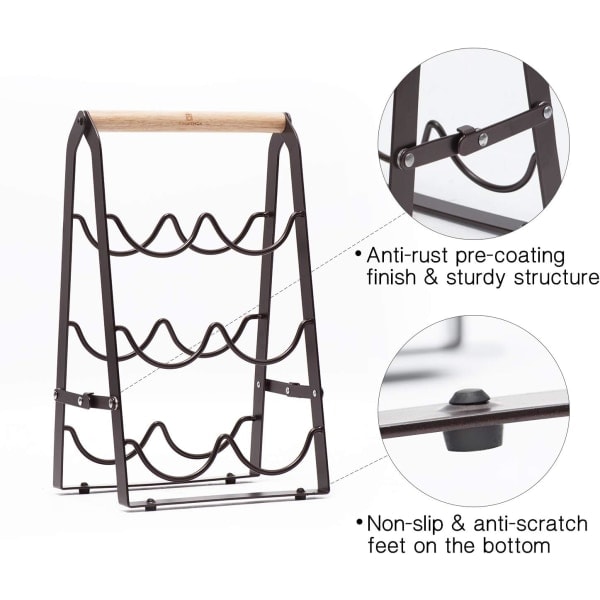 Vinstativ for 6 flasker, sammenleggbart vinstativ i metall, lite vinstativ, smalt flaskerack, flaskeholder, enkel å oppbevare