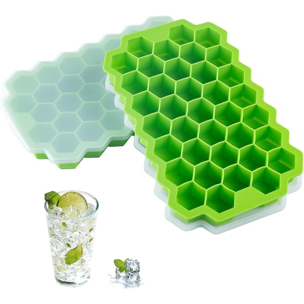 2 PCS Premium Ice Cube Trays, Silicone Ice Cube Molds with Sealing Lid, 74-Ice Trays, Reusable, Safe Hexagonal Ice Cube Molds