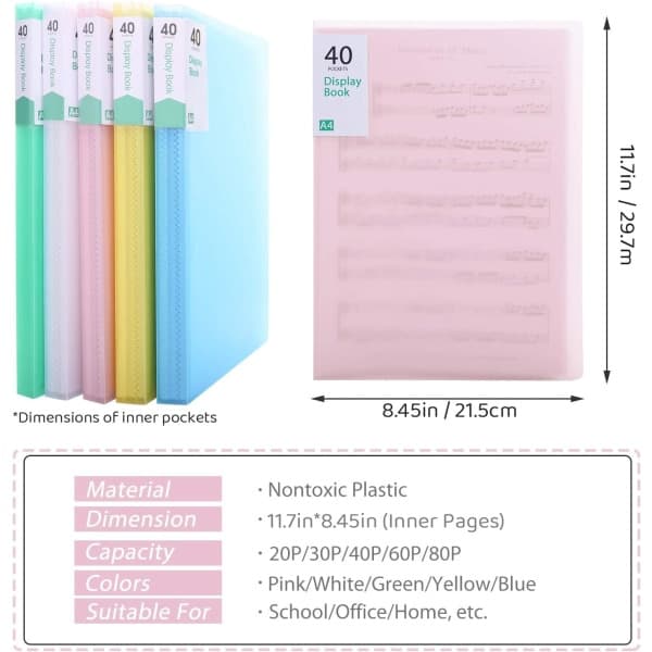 40 lommer Plast Presentasjonsbok Portfoliomappe Rosa