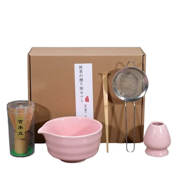 5-delt rosa keramisk matcha-sett med visp, skål og vispholder rosa