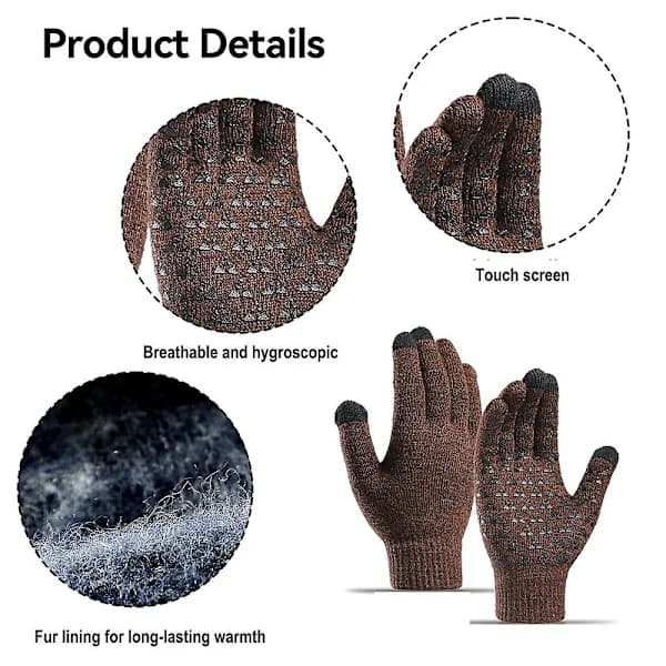 Vinterhandsker til herrer og damer, strikkede handsker, touchscreen-handsker, skridsikre, fortykkede handsker, kaffe