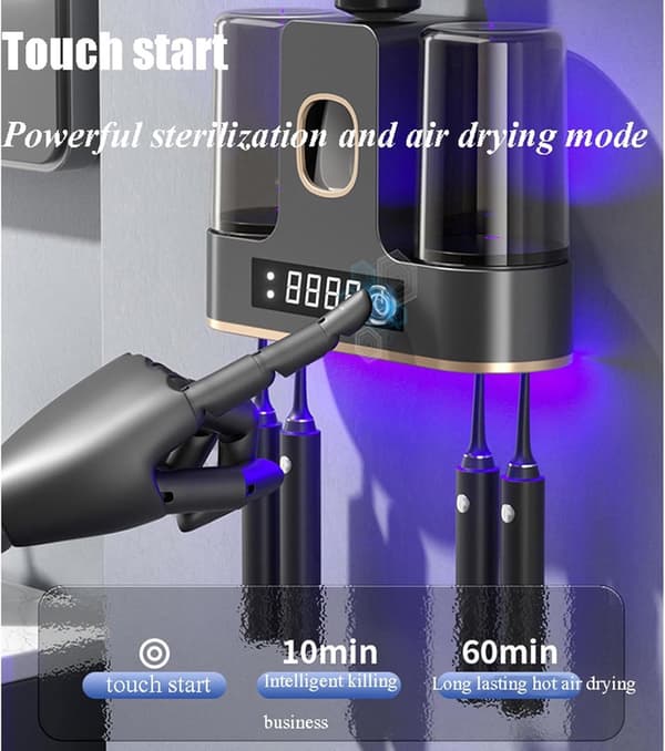 Tandbørsteholder med UV-sterilisator og tørrefunktion, HD LED-display, tandpastadispenser, USB, 4 pladser til badeværelset, grå