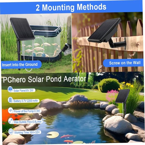 Solar havedamlufter, Stille solcelleluftpumpe med 2000mAh batteri og luftsten til akvarier, fiskedamme og haver, Sort