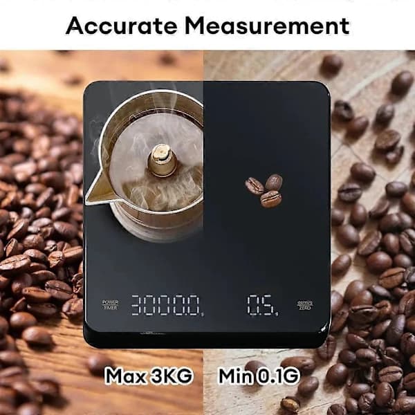 Digital kaffevåg med timer, LED-display, Espresso, USB, 3 kg maxvikt, 0,1 g hög precision, mäter i Oz/ml/g, köksvåg