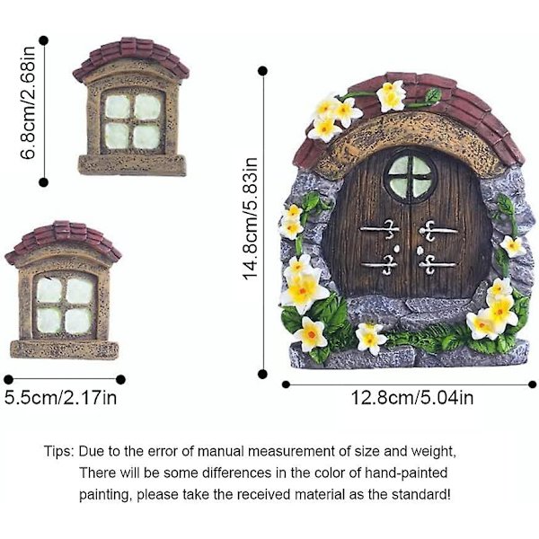 Fe-dør og vinduer træ dekorationer glød i mørke udendørs have træ statuer miniature fe