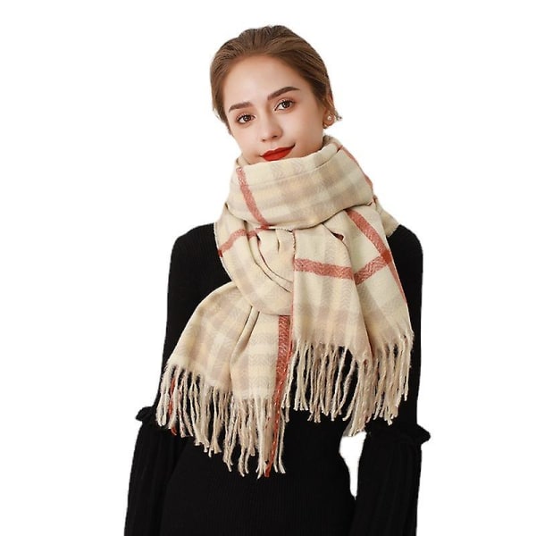 Dametørklæder Vinter Lang Blød Varm Tartan Check Wraps Uld Spinding Kvast Sjal Stjalet Tørklæde Damer,Beige