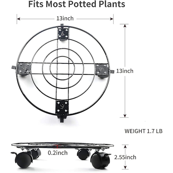 Metallplanteringsvagn - 13 tum kraftig rund växtstativ i järn på hjul, trädgårdskrukor