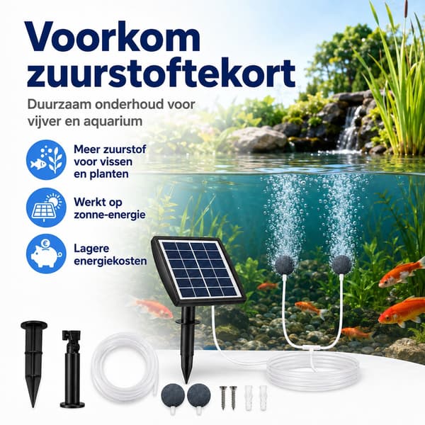 Solar damluftspumpe, 2200mAh genopladeligt batteri, justerbare tilstande, 2 luftsten til akvarier, havedamme, sort