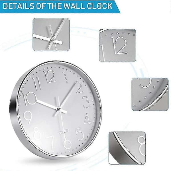 HA~Premium Silver Väggklocka, Väggdekoration, Modern Tyst Väggklocka För Hemmakontor Kök (25cm)