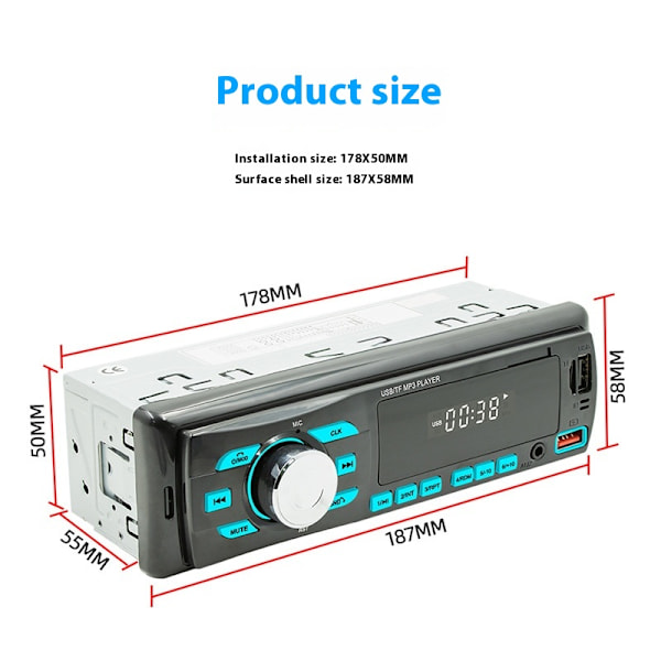 Auto Radio Bil Stereo Bluetooth Single Din Mp3-afspiller med app-styring Am Fm Radio Aux-indgang 2usb R