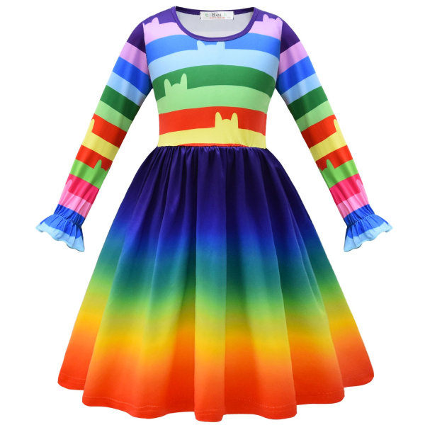 /HH/Tyttöjen pitkähihaiset mekot Lasten puuvillainen sateenkaari Twirl-vaatteet 140cm