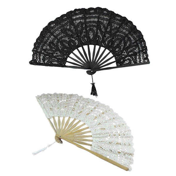 2 Pcs Handmade Cotton Lace Folding Hand Fan For Party Bridal Wedding Decoration ( Beige & Black)