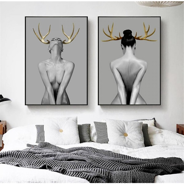 Wekity Elk Girl Väggkonst Canvas Tryck Affisch, Enkla Mode Svartvita Karaktärer Konst Ritning Dekor för Hem Vardagsrum Sovrum Kontor och Chil