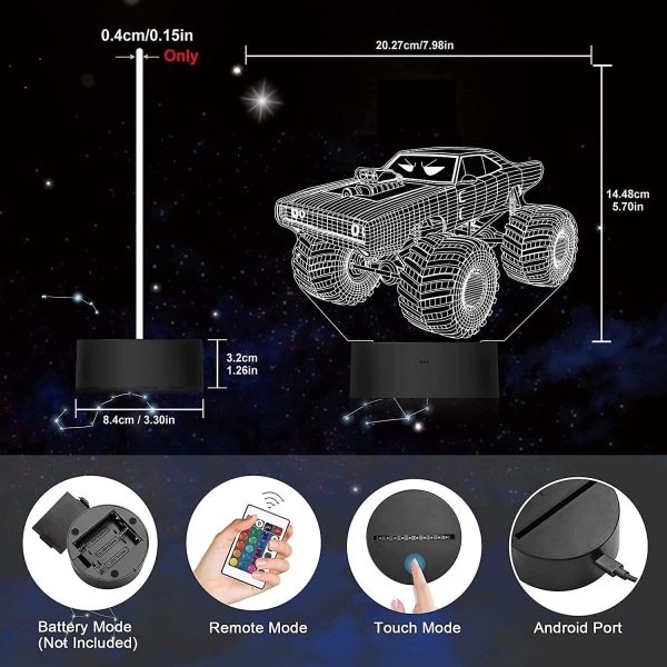 Monster Trucks Yövalo Vroom 3D Illuusiolamppu 16 Väriä Vaihtuva Kaukosäätimellä Luovat Syntymäpäivälahjat Lapsille Poikien Makuuhuoneen Sisustus B