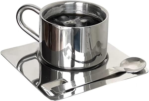 Kaffekopsæt, Dobbeltvægget 304 Rustfrit Stål Med Underkop Og Ske, 175 ml, Til Hjem Og Café