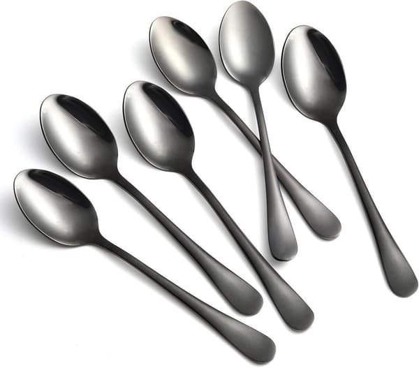 Sæt med 6 mini dessertskeer, rustfrit stål, tåler opvaskemaskine, til kaffe, te og desserter, sort