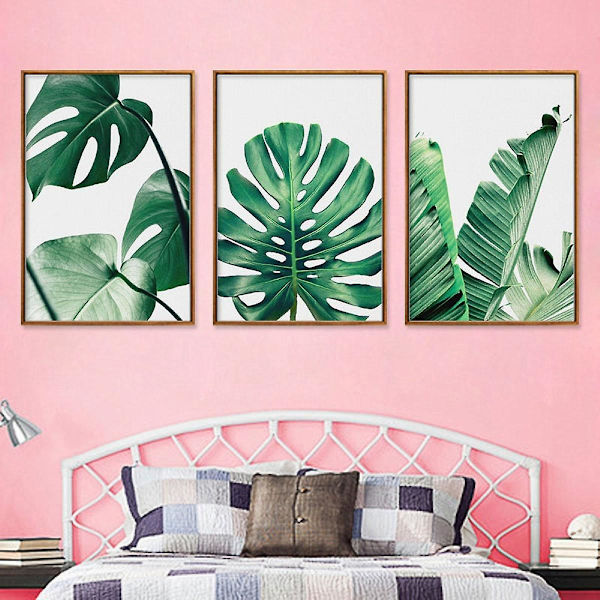 Wekity Botaniska väggkonsttryck Set om 3 tropiska blad Canvas Decor Plant Leaf Boho väggdekor Bilder Gröna Boho Posters Konst Set Badrum Vägg Ar