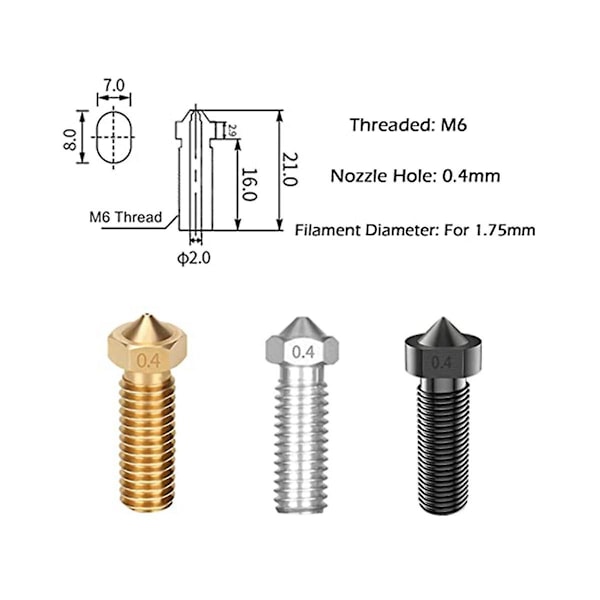 15-pack munstycken för Vyper, 3D-skrivardelar i härdat stål/rostfritt stål/mässing 0,4 mm munstycken