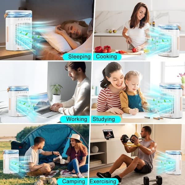 Mini Luftkylare 4-i-1 med 600ml Vattentank – Mini Luftkonditionering för Sovrum, Kontor, Bil & Camping