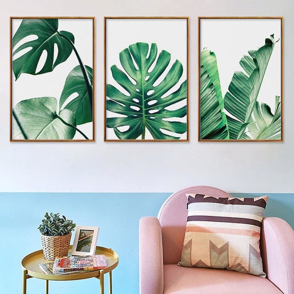 Wekity Botaniska Väggkonst Tryck Set om 3 Tropiska Löv Canvas Dekor Växtblad Boho Väggdekor Bilder Gröna Boho Posters Konst Set Badrum Vägg Ar