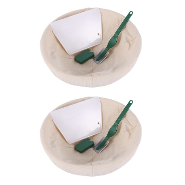 2x 9 tommers brødhevingssett surdeigsstarterkurv + deigskrape + linforstoff for deig S