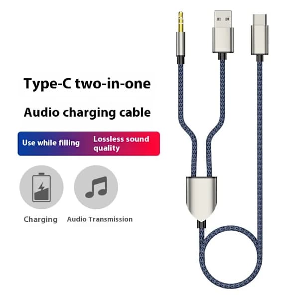 2-i-1 Typ-C Bilstereo Kabel 1 Delt 2 Typ C til USB A 3.5mm Aux Kabel Blå